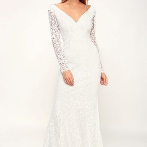 Lulu’s Natural Beauty White Lace Long Sleeve Maxi Dress white lace mermaid dress